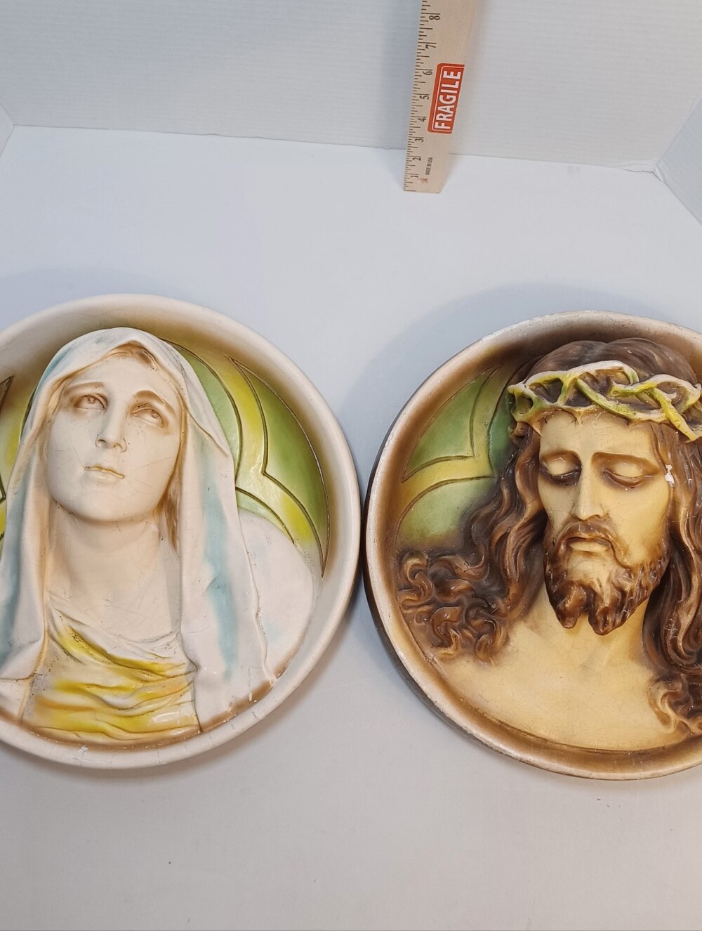 Religious Wall Plaque Set - Virgin Mary & Jesus. Vintage 3D Plaster Art Deco